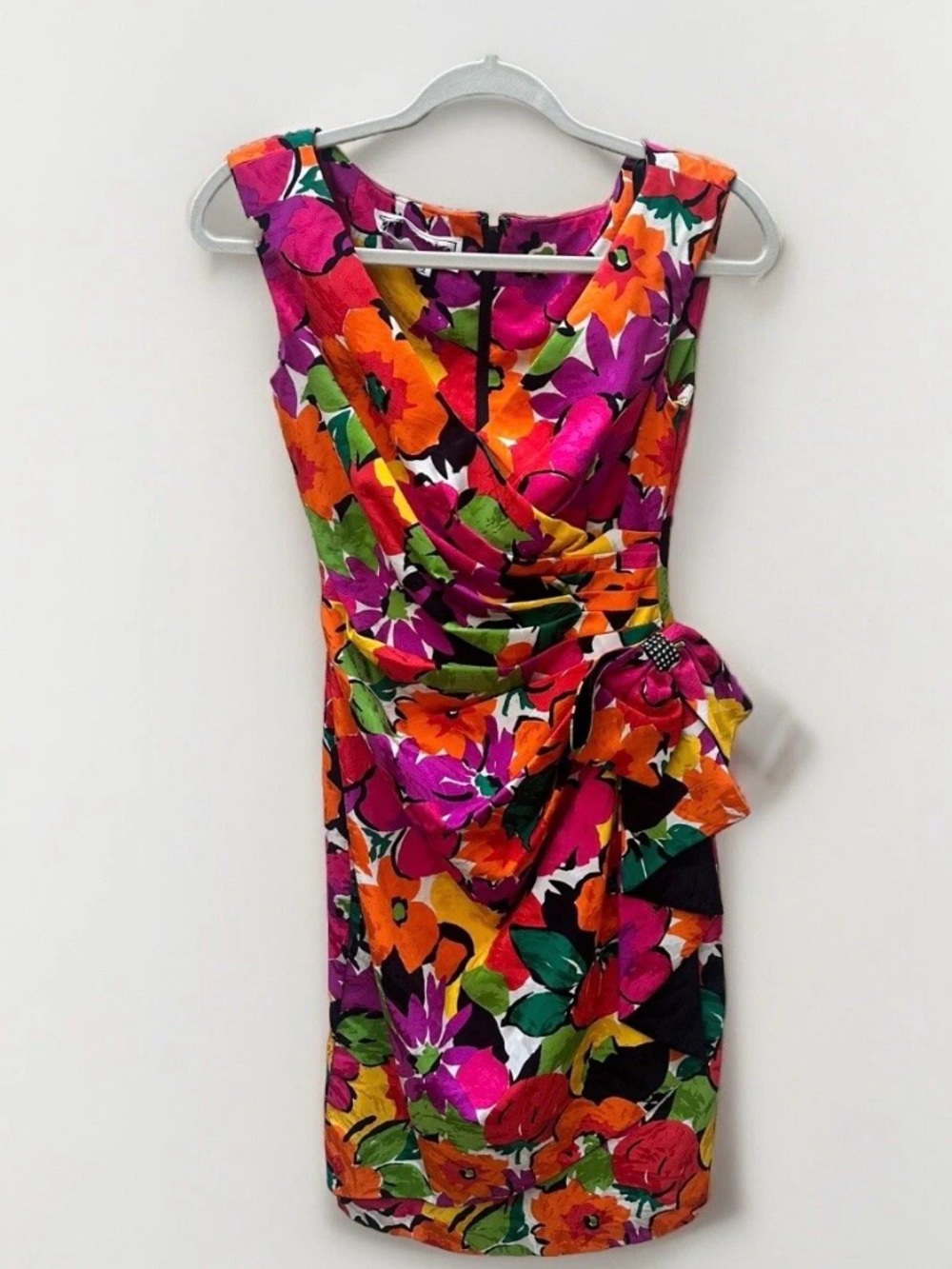 Vintage 80s 90s 100% Silk A.J. Bari Floral Garden Party Knee Length Dress Sz 2 - Picture 2 of 8